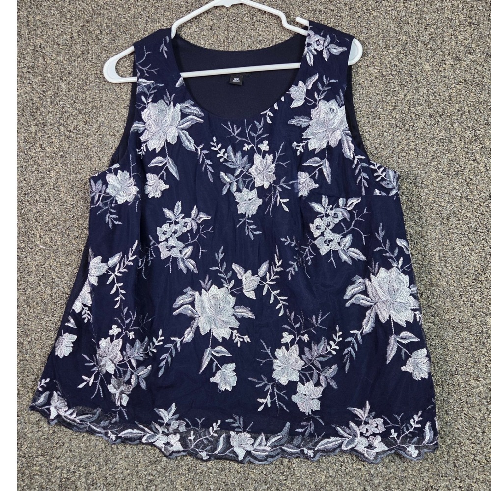 Le Bos Blouse Womens 16W Navy Blue Floral Embroidered Mesh Sleeveless Top